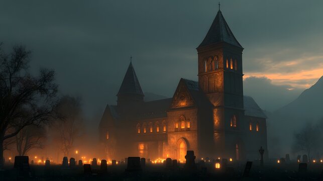 Spooky Halloween Night with Haunted Castle and Graveyard.