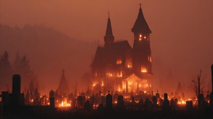 Fototapeta premium Spooky Haunted Mansion with Graveyard at Dusk.
