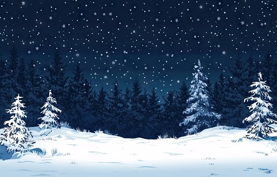 A vector illustration of a snowy landscape with snow-covered trees and a starry night sky