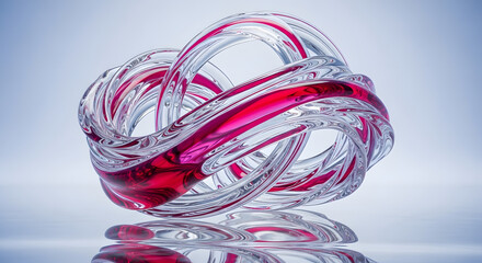 Intertwined translucent loops with vibrant red accents creating an captivating visual effect showing glass curves