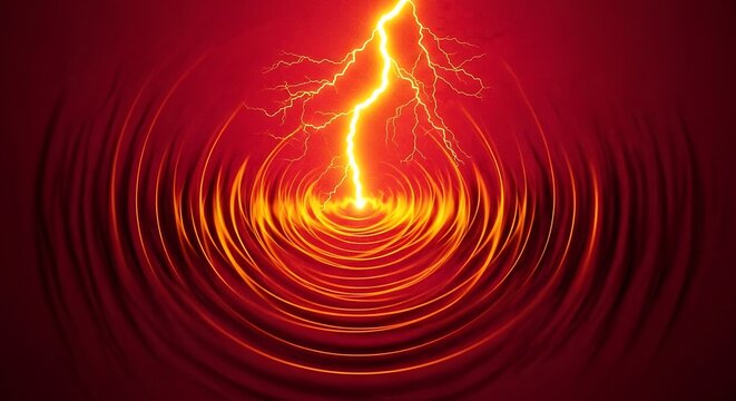 Striking Lightening Bolt Displaying Energetic Plasma Rings on Red Backdrop