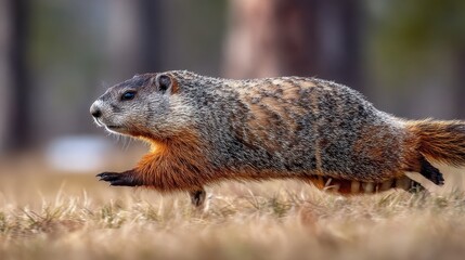 Naklejka premium Groundhog Sprinting Through Open Field: Close-Up of Nature's Agile Wildlife Amongst Trees