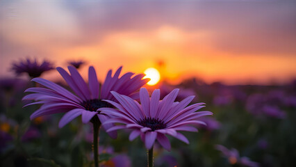 Beautiful Purple African Daisies Silhouetted Against a Golden Sunset
