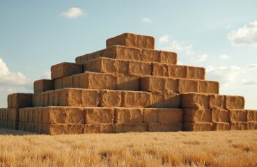 Large pyramid stack of rectangular straw bales in a golden field under a blue sky with clouds. This harvest represents agricultural abundance and rural life.