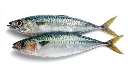 Fototapeta premium Pair of Fresh Mackerel Fish Isolated on White Background, Showcasing Silver Scales and Distinctive Features
