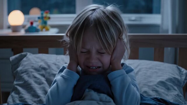 scared caucasian child covering ears in bed at night. frightened girl hearing loud noise or having nightmare. fear, anxiety and phobia concept. sleep disorder illustration.