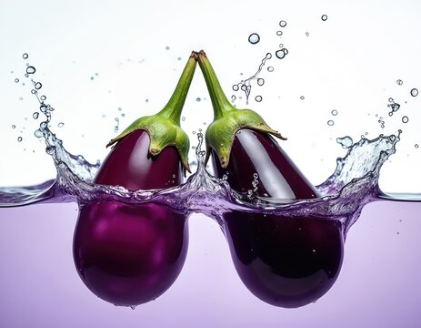 Two fresh eggplants splash into water. Purple aubergines submerged creating dynamic water splash. Vibrant image of fruits vegetable in motion shows freshness. Healthy food ingredient for recipe. Food - Powered by Adobe