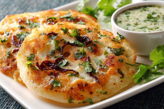 Delicious Uttapam: Closeup of Two Uttapams with Coconut Chutney and Fresh Coriander on a White Plate