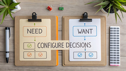 Diagrams on clipboard showing need and want decision making