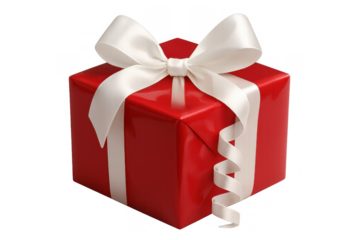 Red gift box with white ribbon and bow celebrating holidays, birthdays, or special surprises on transparent background