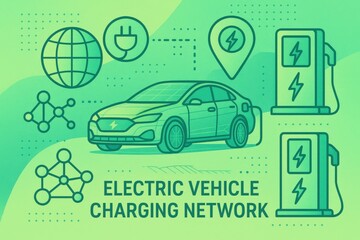 Naklejka premium Electric vehicle charging ecosystem depicted through sleek, modern car design integrated with global connectivity symbols and technological graphics illustrating sustainable transportation