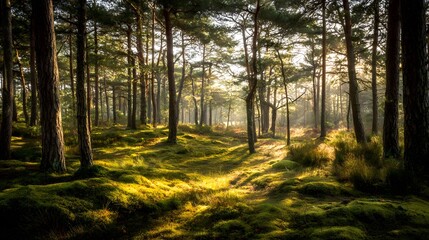 Obraz premium Sunlight filtering through a dense forest with mossy ground.