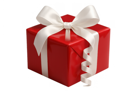 Red gift box with white ribbon and bow celebrating holidays, birthdays, or special surprises on transparent background