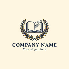 Classic educational logo with an open book and quill pen inside a laurel wreath.