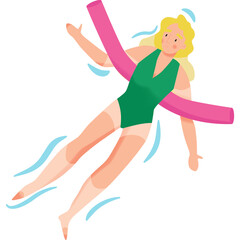 Woman With Blonde Hair Floating On Water With Pink Pool Noodle And Wearing Green Swimsuit Summer Recreation Activity