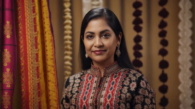 A young woman in traditional Indian attire, her hand gently touching her embroidered neckline, stands against a backdrop of decorative textiles