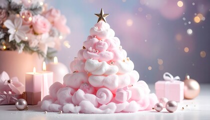 Choinka bożonarodzeniowa wykonana z waty cukrowej i  kolorowych pianek