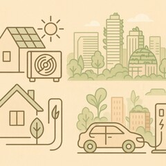 Fototapeta premium Sustainable urban living integrating solar energy home systems air conditioning technologies electric vehicles and green landscapes expressing ecological innovation