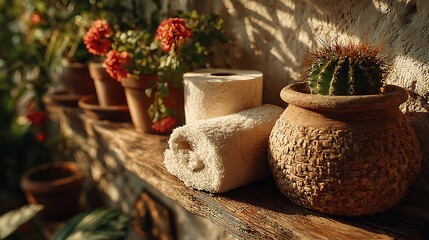 Bamboo toilet paper rolls arranged in rustic warmth high resolution picture