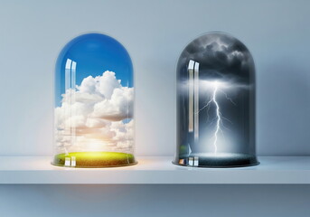 Two bell jars: one holds a serene sky with clouds, the other a stormy scene with lightning. Symbolizes good vs. bad outlook, choice, and contrast.