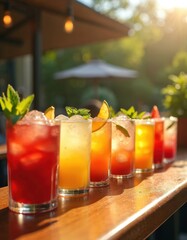 Variety of refreshing cocktails displayed on wooden bar in natural sunlight. Several vibrant drinks garnished with mint leaves, citrus fruits lined up. Photo ideal for summer bar promotions, menus.