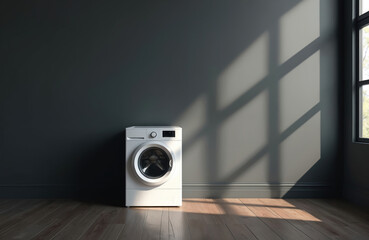 White front load washing machine in empty room. Sunlight streams through window casting diamond shapes on wall. Modern appliance sits on wood floor. Domestic chore concept.