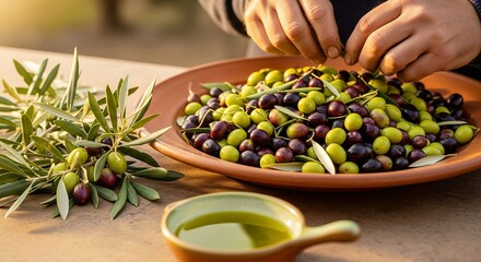 Hands sorting fresh green and black olives on a rustic plate, with olive branches and oil nearby, highlighting healthy food and traditional harvesting.