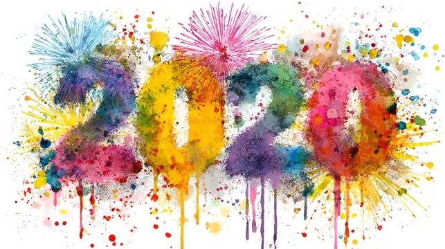 Artistic depiction of 2020 using colorful watercolor paint splatters with fireworks, creating a vibrant and celebratory abstract image.