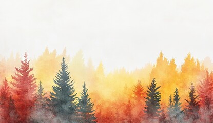 A delicate watercolor painting of a misty forest skyline with layered pine trees in soft autumnal hues