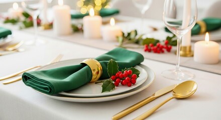 Elegant holiday table setting with festive green napkins, gold cutlery, and holly berries. Perfect for Christmas dinners, celebrations, and formal events.