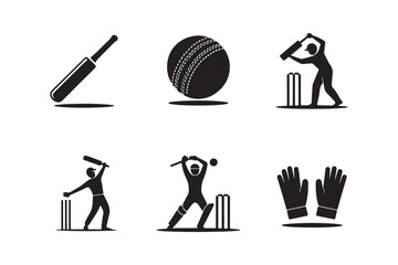 Cricket sport icons featuring bat ball player and gloves