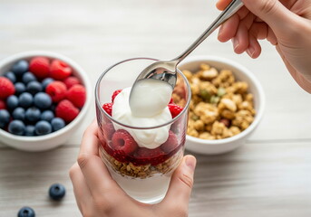 Hands spooning creamy yogurt onto fresh raspberries and granola, creating a vibrant, healthy parfait. Perfect for breakfast or a nutritious snack.