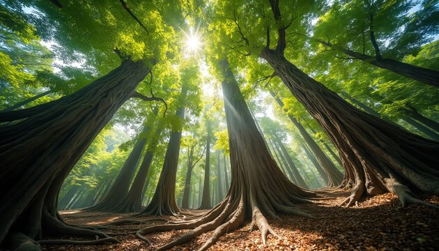 Sunlight streams through green canopy illuminating massive tree trunks, sprawling roots on forest floor. Tall ancient banyan trees rise with textured bark, thick, widespread buttress roots in dense - Powered by Adobe