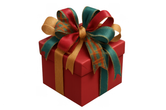 Red gift box decorated with colorful ribbons and bows, symbolizing celebration, holidays, christmas, and special occasions