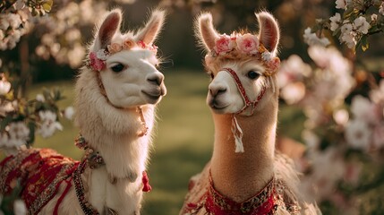 Obraz premium Two beautifully adorned llamas stand gracefully amidst a vibrant, sun-drenched garden, their elegant decorations adding to the enchanting scene.