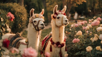 Obraz premium Two beautifully adorned llamas stand gracefully amidst a vibrant rose garden, bathed in soft, golden light.
