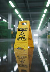 Bright yellow 'CAUTION WET FLOOR' sign warning of slippery conditions on a reflective industrial floor, highlighting workplace safety.