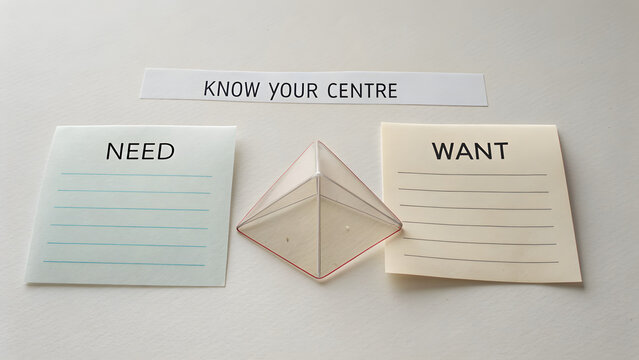 Geometric form surrounded by notes representing wants and needs