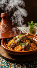 Authentic Moroccan lamb tagine, rich with chickpeas, apricots, and almonds, steaming in a traditional clay pot, set on a colorful mosaic table.