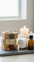 Stack of natural handmade soaps with essential oil, towel, and candle on a slate tray, symbolizing wellness and organic skincare.