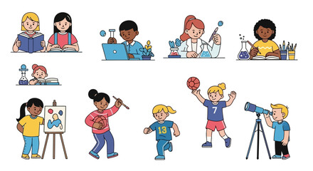 Diverse Children Engaging in Various Activities Reading, Science, Art, Sports, and Exploration