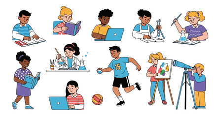 Diverse Children Engaging in Activities Reading, Science Experiments, Sports, and More - A Vector Illustration