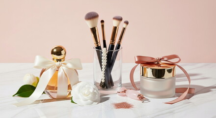 Elegant beauty still life featuring luxurious perfume, professional makeup brushes, and premium skincare products with delicate flowers on marble.