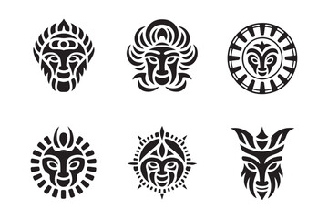 Collection of six stylized tribal face masks and symbols