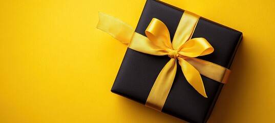 Black gift box with a yellow ribbon on a bright background, top view banner with a copy space area