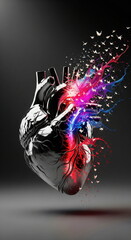 Abstract metallic heart with vibrant paint splashes and flying origami birds, symbolizing emotion, transformation, and creativity.