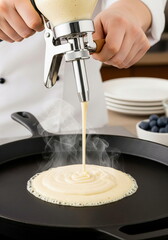 Chef's hands expertly dispense pancake batter onto a hot griddle with steam, preparing fresh, delicious breakfast.