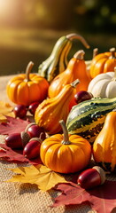 A vibrant autumn display of colorful pumpkins, gourds, maple leaves, and acorns on a rustic surface, bathed in warm sunlight.