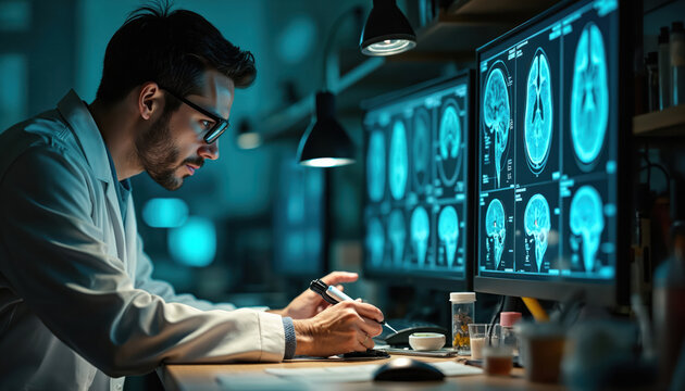 Doctor analyzes brain scans on computer screen. Medical pro reviews mri images, works in lab. Science, healthcare, diagnosis, research, medicine.