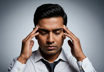 Young businessman with a headache, eyes closed, pressing his temples. Symbolizes stress, pressure, burnout, or intense concentration.